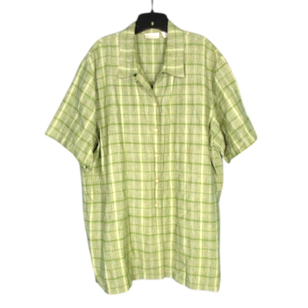 VTG ELISABETH By LIZ CLAIBORNE Green/Blue LINEN Button-Up PLAID SHIRT/BLOUSE 18